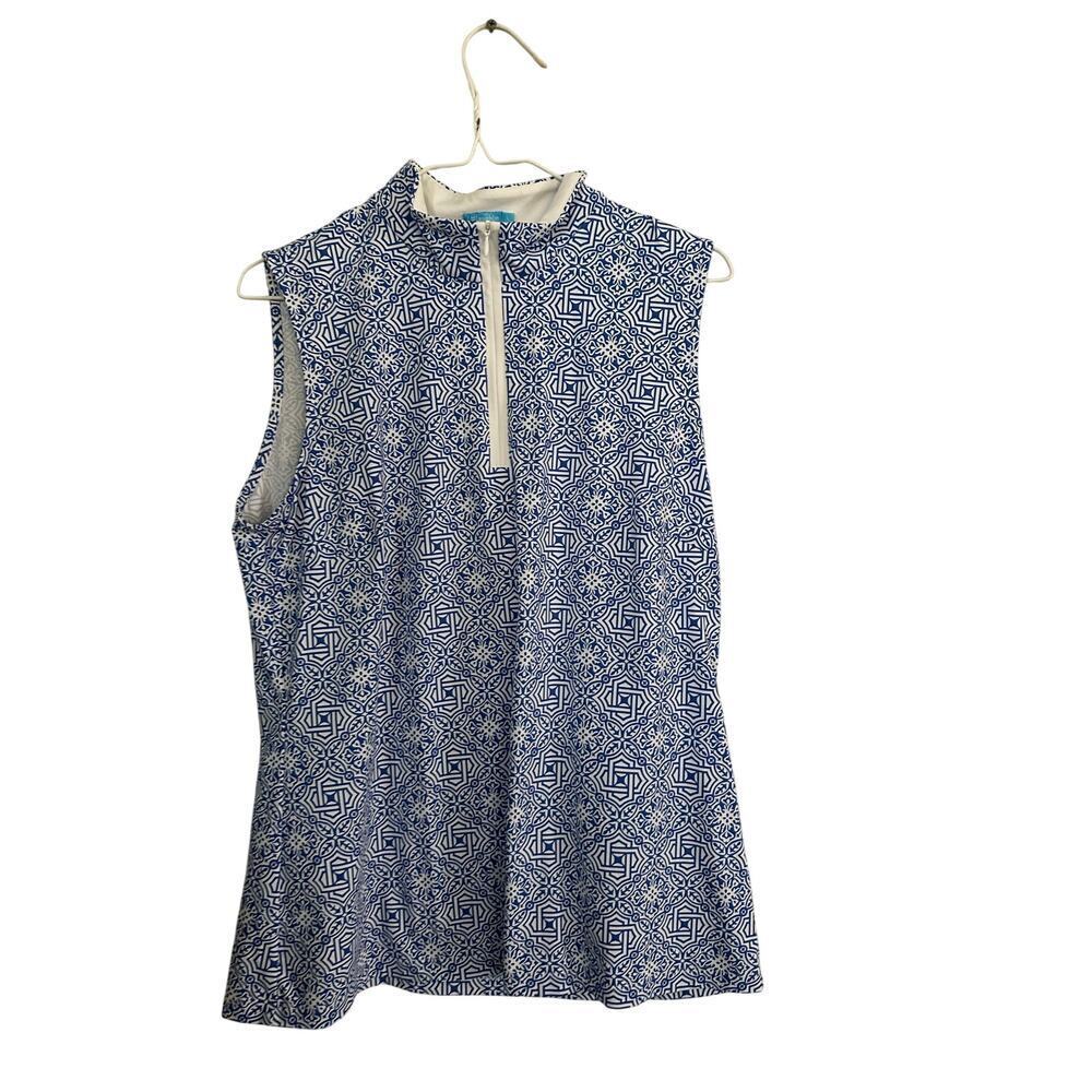 J. McLaughlin Golf Top Geometric Print Zip Up White Blue Size Large